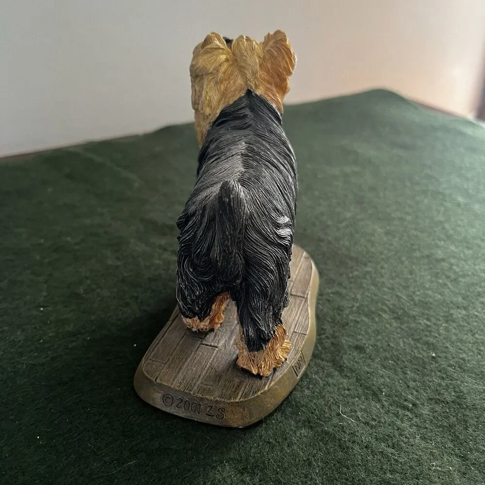 Vintage Hand Painted Resin Yorkshire Terrier Dog on Plank Base Living Stone 2001